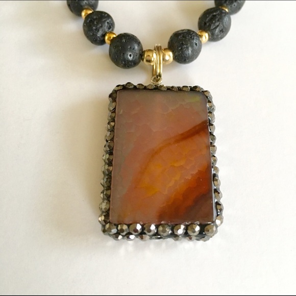 Lava w/ Rhinestone studded Carnelian pendant - Picture 2 of 3