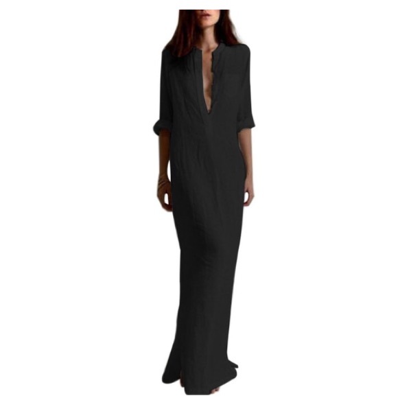 Black linen v neck button maxi dress NWT FS