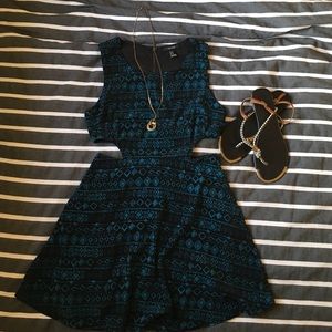 Blue Patterned Cutout Dress
