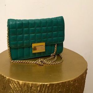 J. Crew green leather clutch with gold accents