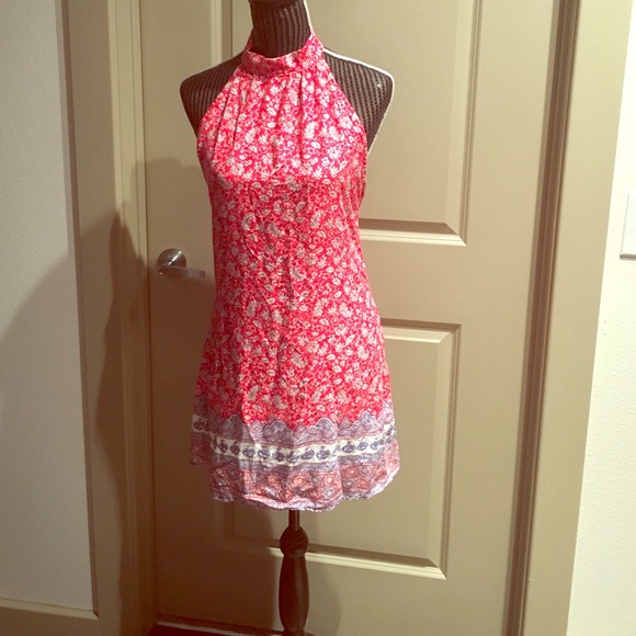 Red floral halter dress - backless - M, runs small