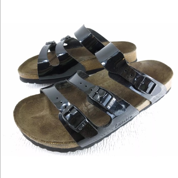 BIRKI'S by BIRKENSTOCK black patent leather slides