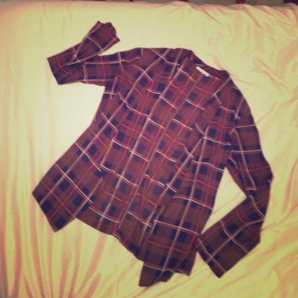 Lush Jackets & Blazers - Olive navy orange and cream plaid sheer "blazer"