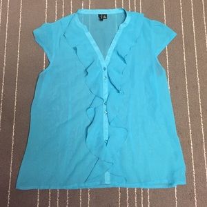 Short sleeved ruffle front blouse