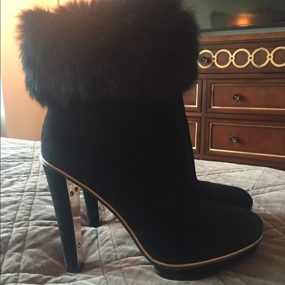 BCBGMaxazria rabbit fur and suede ankle boots