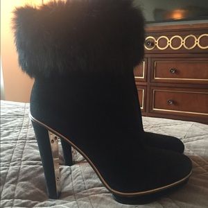 BCBGMaxazria rabbit fur and suede ankle boots