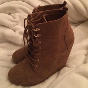 Tan suede lace up wedge booties