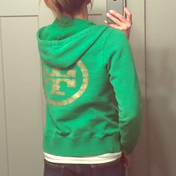 TORY BURCH Green + Metallic Gold Logo Sweatshirt S