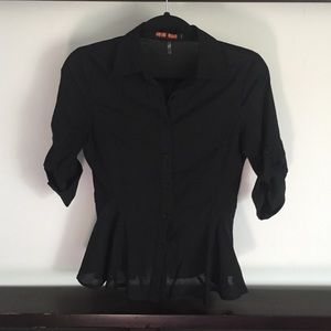 Black 3/4 sleeves peplum cotton button down shirt