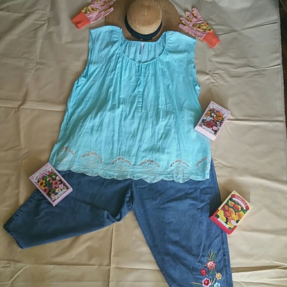 Old Navy Tops - Old Navy  Aqua Linen/Cotton Blouse XXL EUC