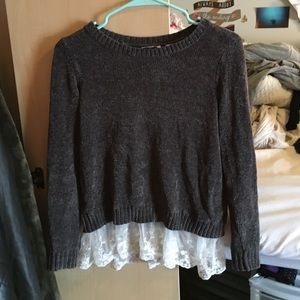 Grey and white sweater with lace