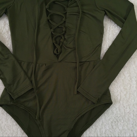 SOLD army green lace up plunge neckline bodysuit - Picture 3 of 4