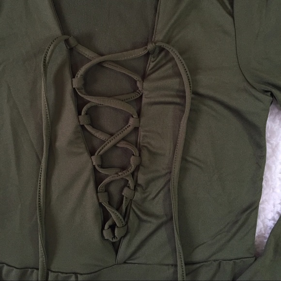SOLD army green lace up plunge neckline bodysuit - Picture 4 of 4