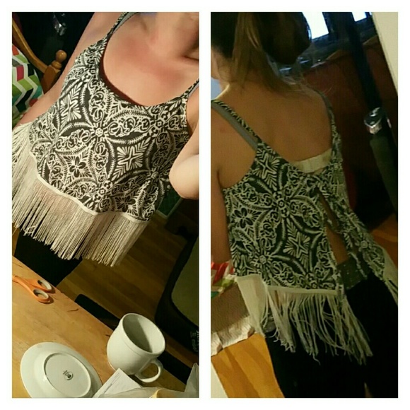 Wet seal fringe/tassled crop with open tie back