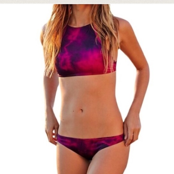 Pink Tie Dye Halter Crop Top Bikini - Picture 2 of 5