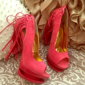 Coral Fringe Heels