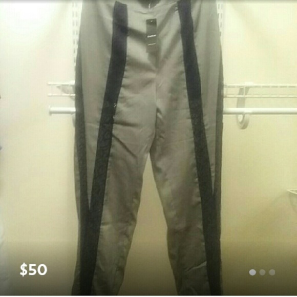 Olive green & black lace panel pants