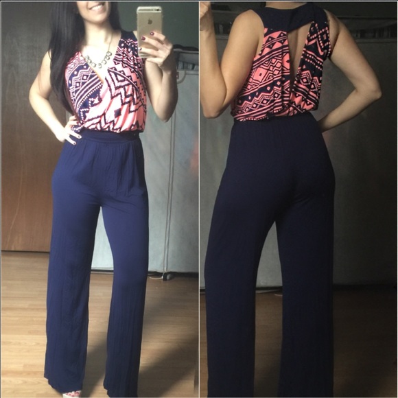 Navy and Neon Pink Jumpsuit Romper - Picture 2 of 4