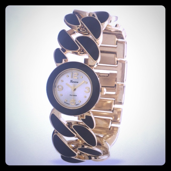Black Enamel and Gold Chain Link Jewelry Watch