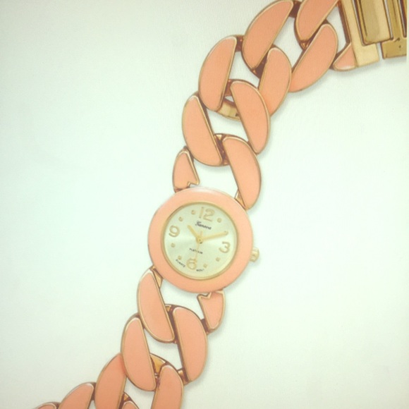 NEW Coral Enamel & Gold Chain Link Fashion Watch
