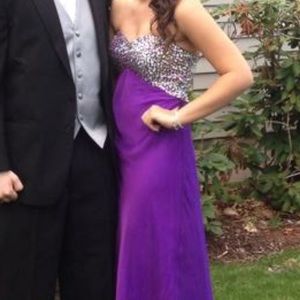purple beaded strapless prom dress