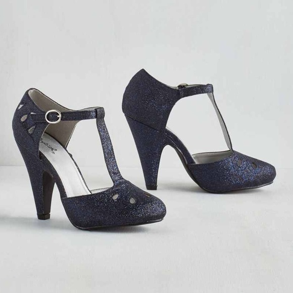 Modcloth Dynamic Debut Glittery Blue T-Strap Heels