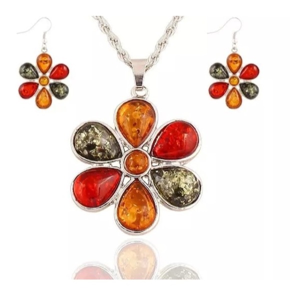 Multicolored Amber Pendant & Earrings Set