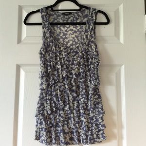 Printed Mesh Ruffle Blouse