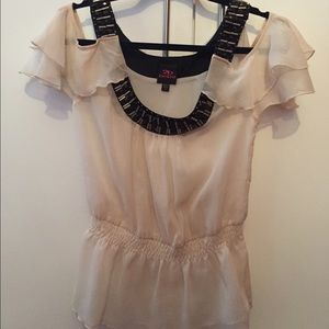 cold shoulder peplum blouse with embellished neck