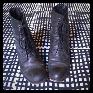 Black leather lace up granny boots