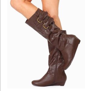 Faux Leather Double Buckle Wedge Boots