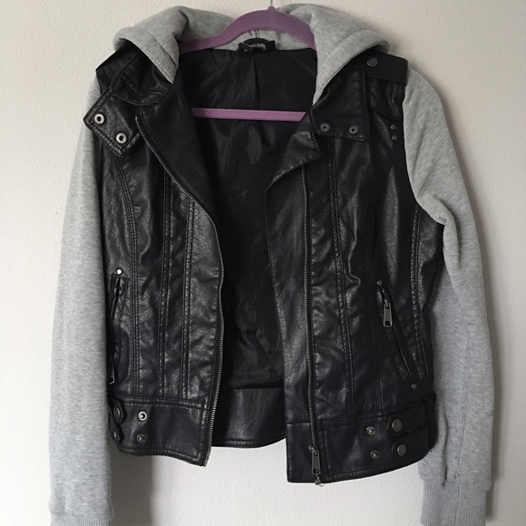 black and gray leather hoodie jacket