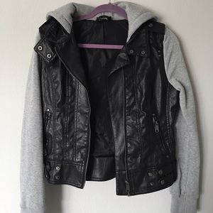 black and gray leather hoodie jacket