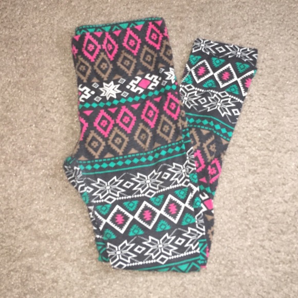 Teal, pink, grey, white and tan patterned leggings