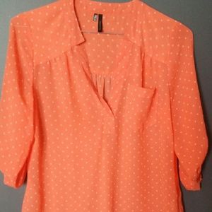 Maurices coral and white polka dot blouse