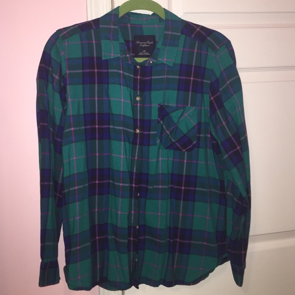 Green pink and blue flannel button down shirt