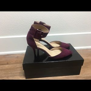 Burgundy Zara women strap around the ankle heels.