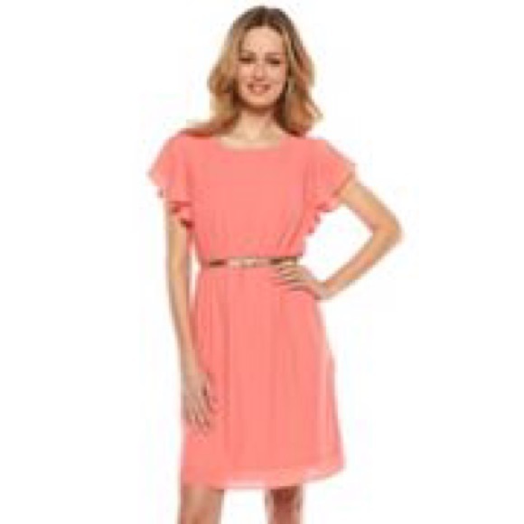 XL pink flutter sleeve belted dress