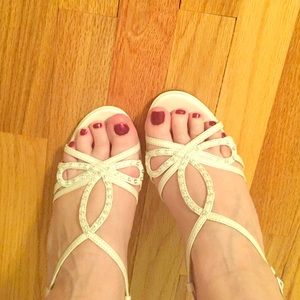 White satin strappy heels