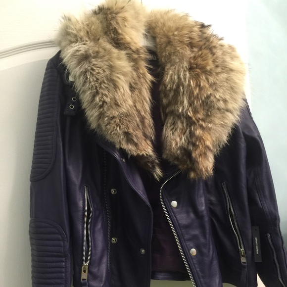 Leather jacket raccoon fur collar purple XL