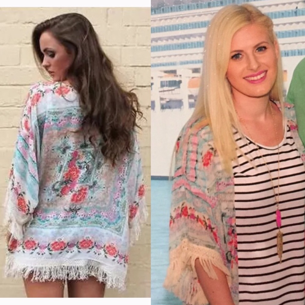 NEW🍃 Boho print Tassel fringe floral kimono pink - Picture 3 of 5