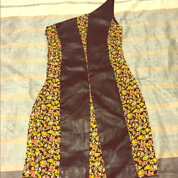 One-Shoulder Floral & Faux Leather Sexy Mini Dress