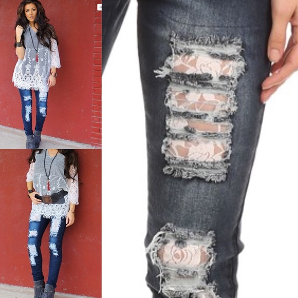 Dark lace distressed skinny jeans