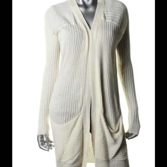 STUDIO M Ivory Ribbed Open Front Long Cardigan - Picture 3 of 4