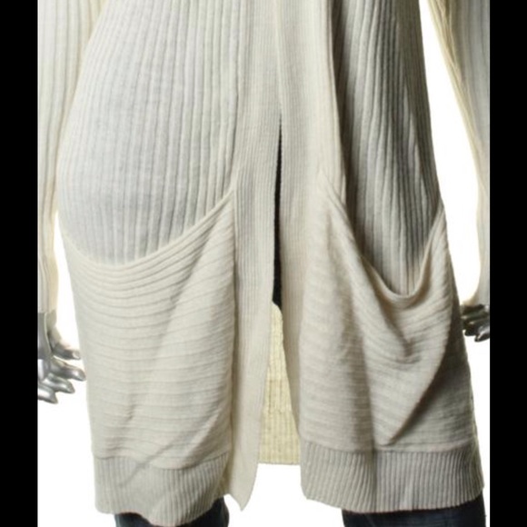 STUDIO M Ivory Ribbed Open Front Long Cardigan - Picture 2 of 4