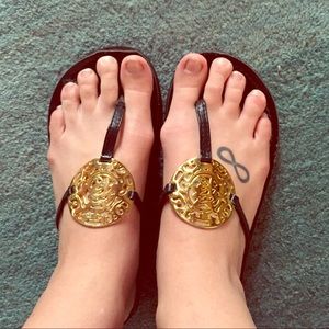 Black and gold flat sandals