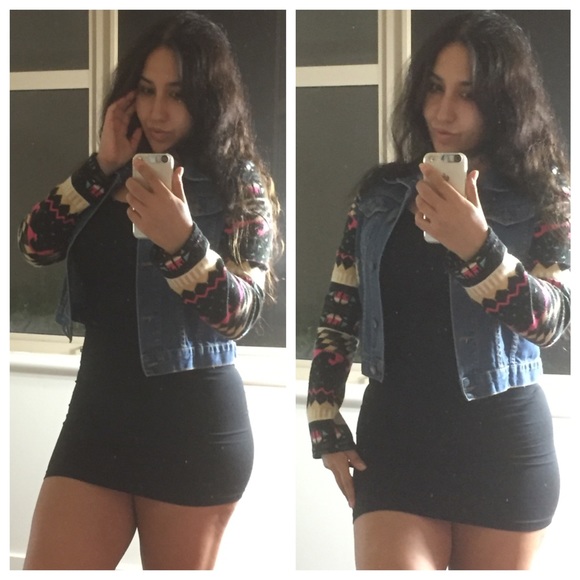 Distressed jean jacket with Aztec print arms