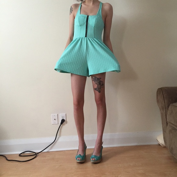 teal front-zip romper