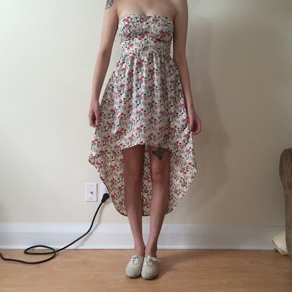 floral strapless waterfall dress