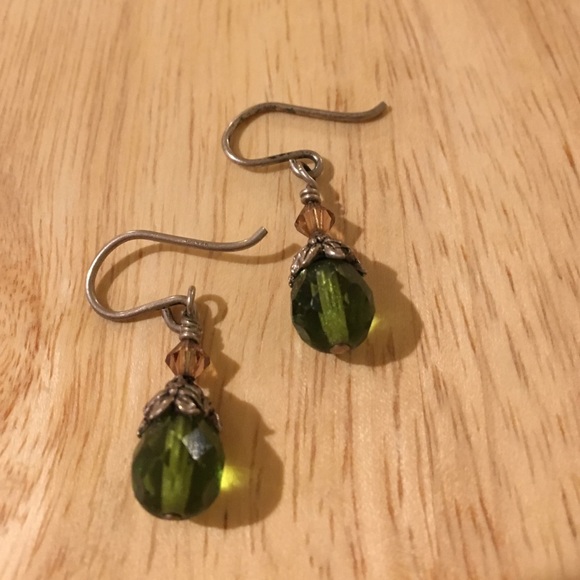 Dainty green/pinkish peach/silver earrings
